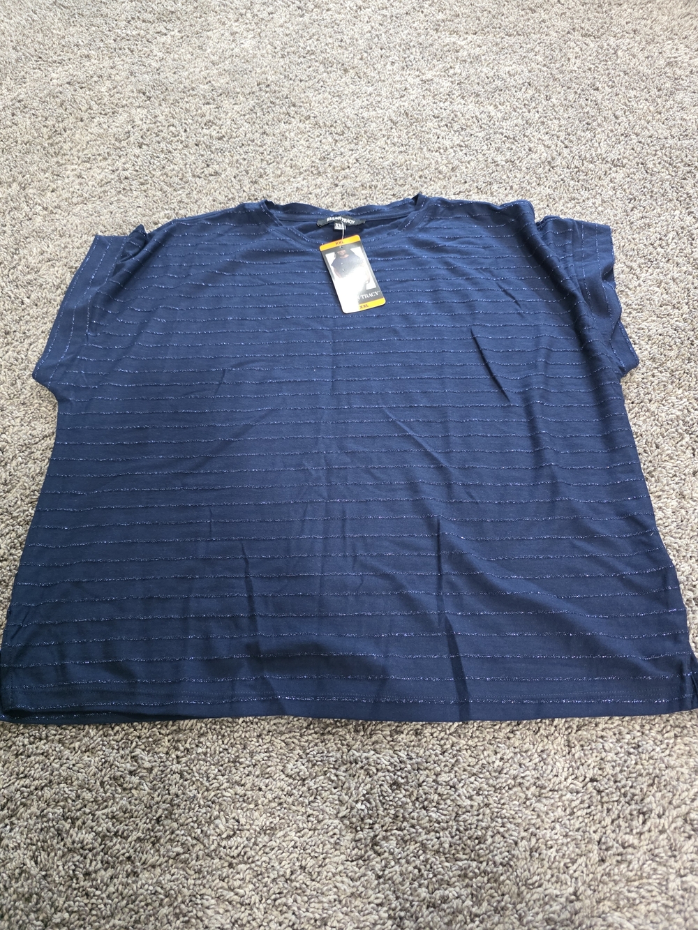 Ellen Tracy Navy Short Sleeve Crewneck with Subtle Stripes